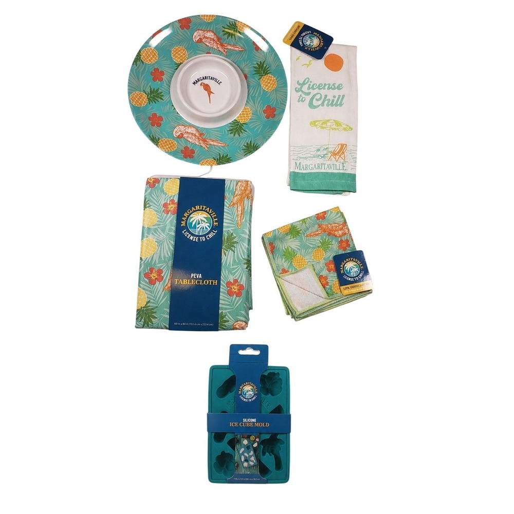 Margaritaville NEW 5pc Kitchen Set Tablecloth Dip Tray Towels Ice Mold